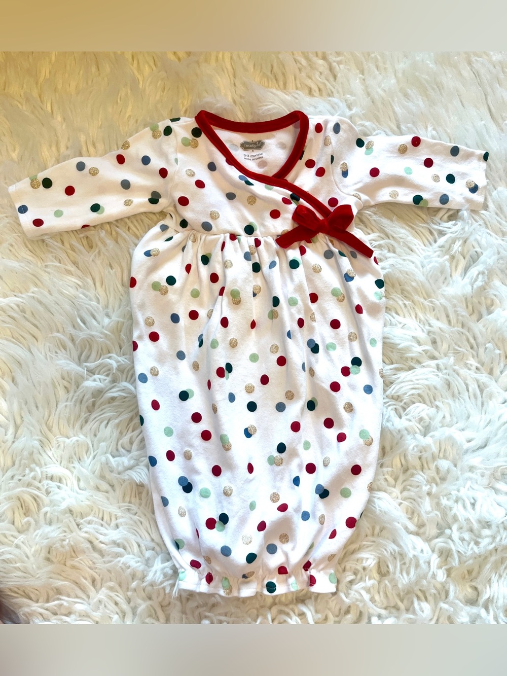 Mud Pie Holiday White Baby Gown with Multicolor Dots and Red Velvet Bow
